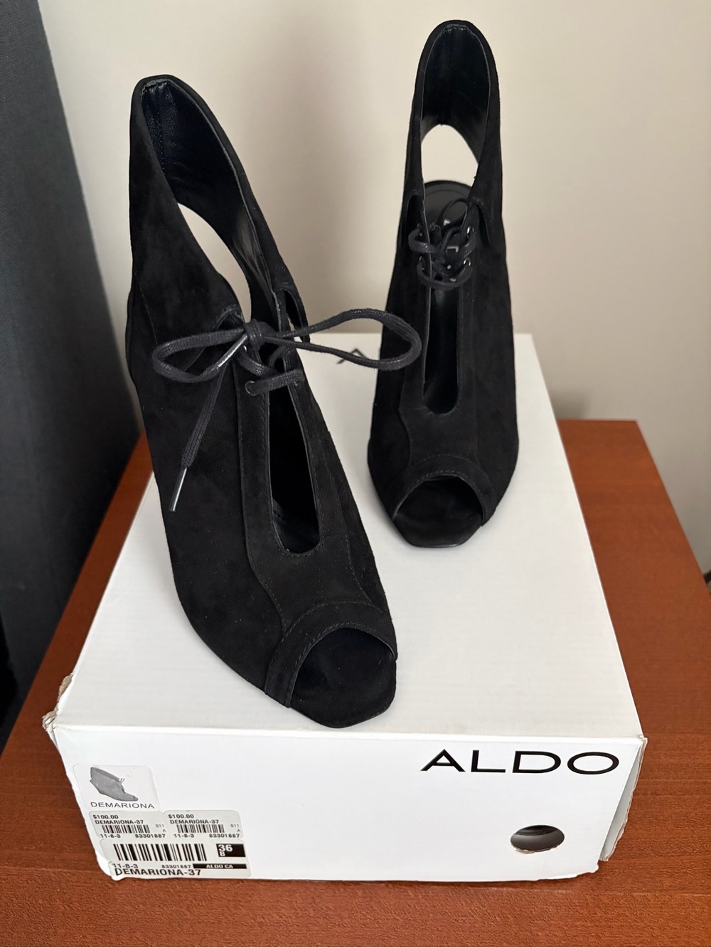 Aldo Black Suede Peep-Toe Lace-Up High Heels